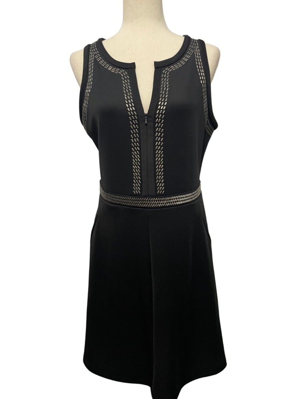 Women’s DKNY Black Scuba Fit & Flare Dress Silver Stud Trim Sleeveless Size 12
